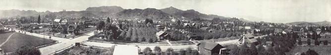 A vintage photo of early Hollywood looking north toward the Santa Monica Mountains.
